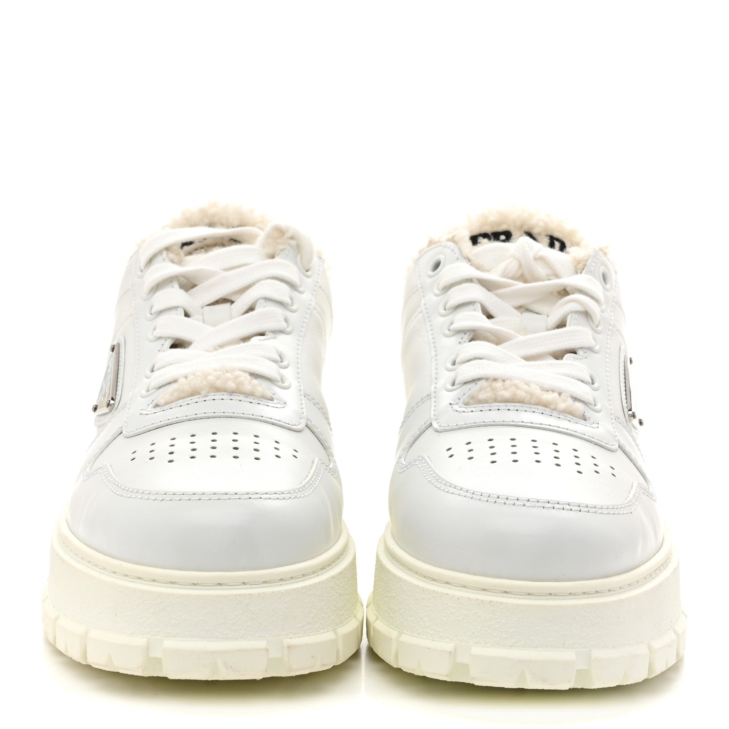 Prada Calfskin Shearling Metal Triangle Logo Sneakers 35.5 White 3 of 9