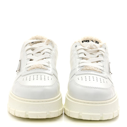 Prada Calfskin Shearling Metal Triangle Logo Sneakers 35.5 White 3 of 9