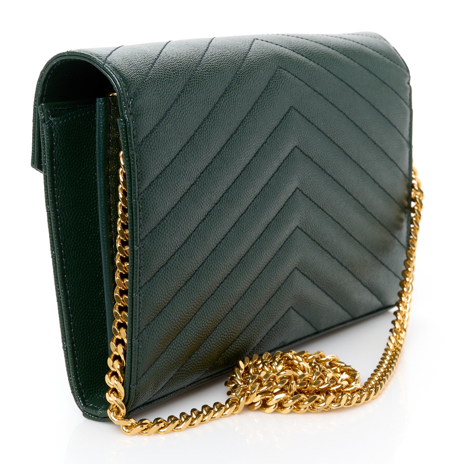 Saint Laurent Grain De Poudre Matelasse Chevron Monogram Chain Wallet Dark Green 3 of 10