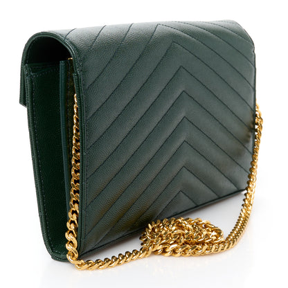 Saint Laurent Grain De Poudre Matelasse Chevron Monogram Chain Wallet Dark Green 3 of 10