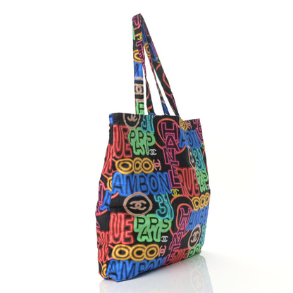 Chanel Caviar Fabric Graffiti Foldable Tote Bag With Chain Black Multicolor 6 of 18