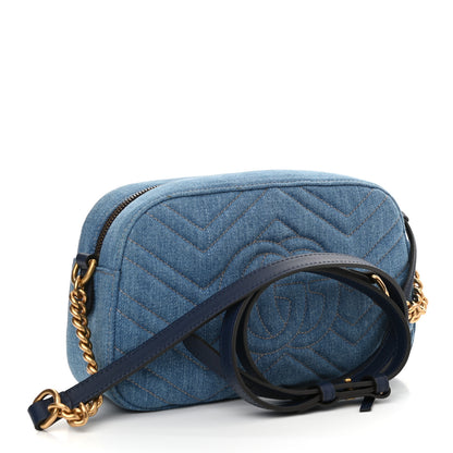 Gucci Denim Matelasse Embroidered Small GG Marmont Chain Shoulder Bag Blue 3 of 10