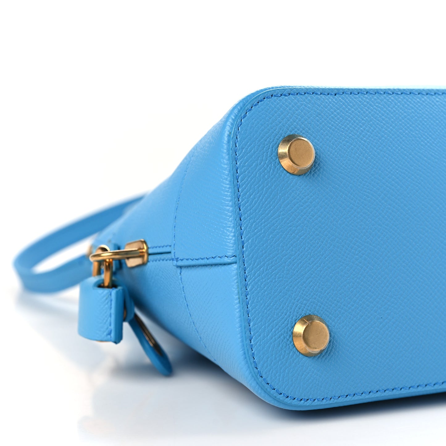 Signature Grained Calfskin Logo S Ville Top Handle Bag Bleu Turquoise