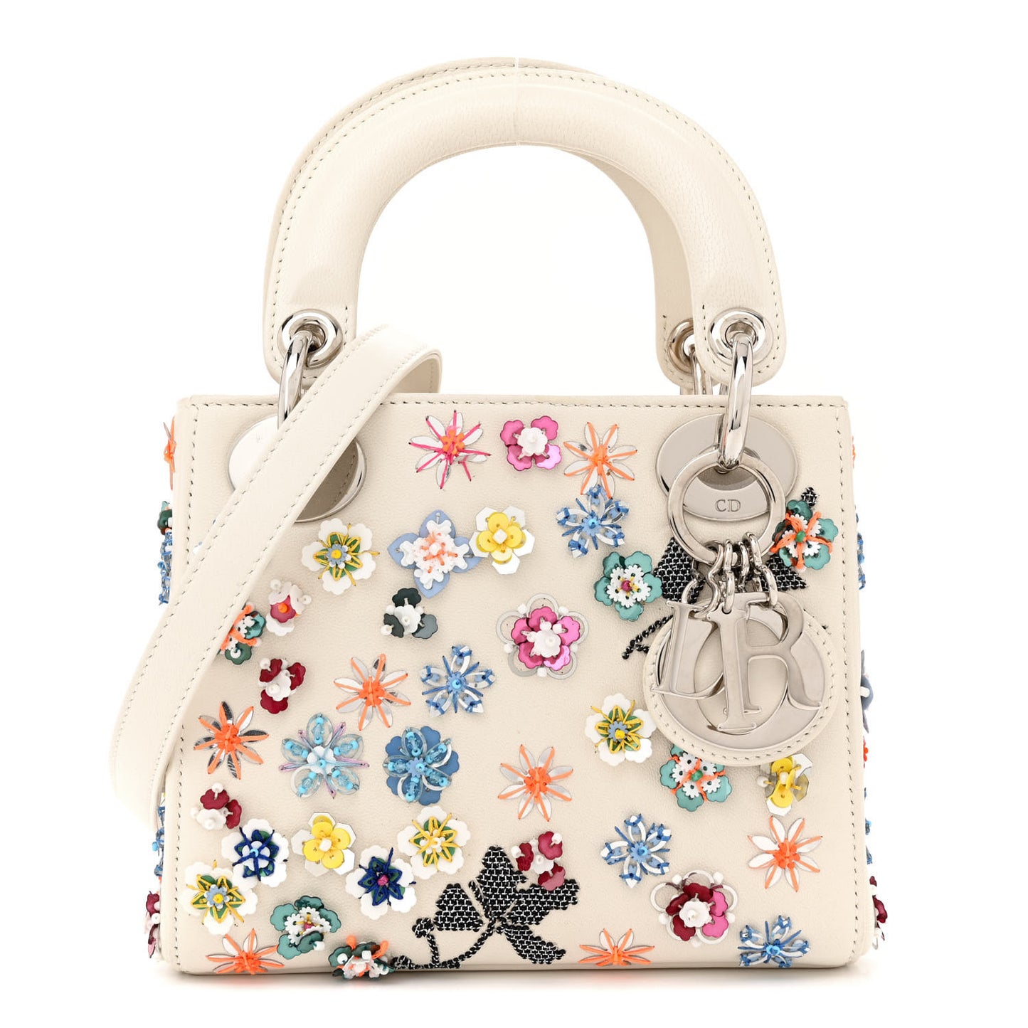 Calfskin Sequin Floral Embroidered Mini Lady Dior White Multicolor