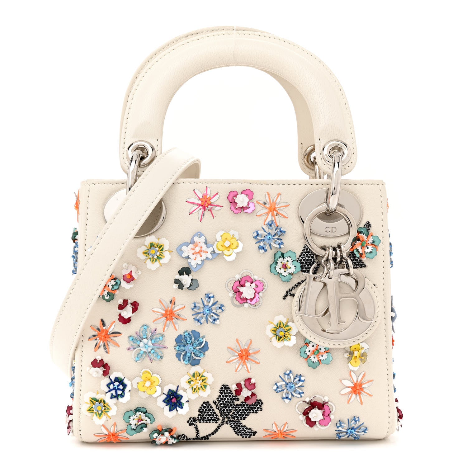 Christian Dior Calfskin Sequin Floral Embroidered Mini Lady Dior White Multicolor 1 of 12