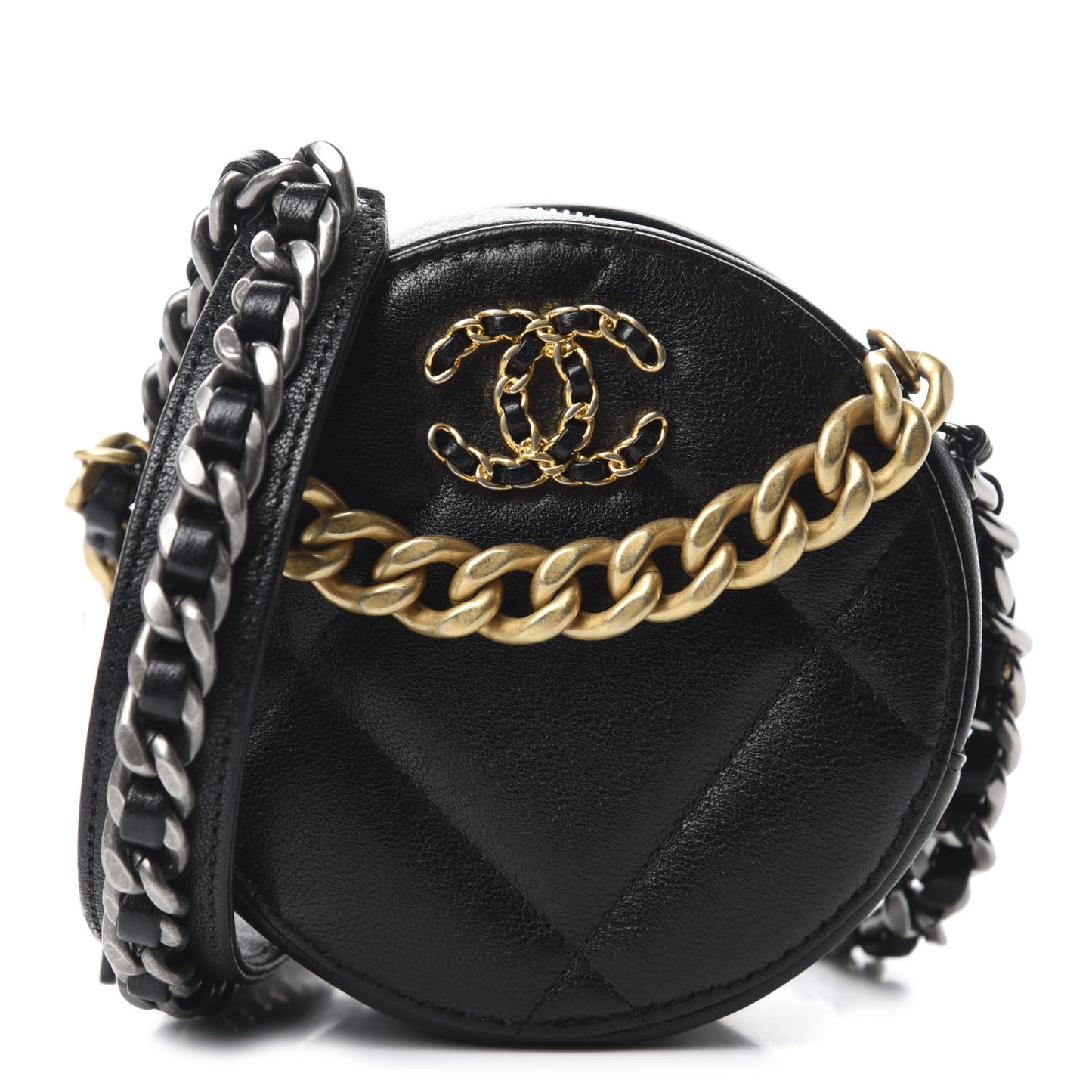 Shiny Goatskin Quilted 19 Round Clutch With Chain Black
