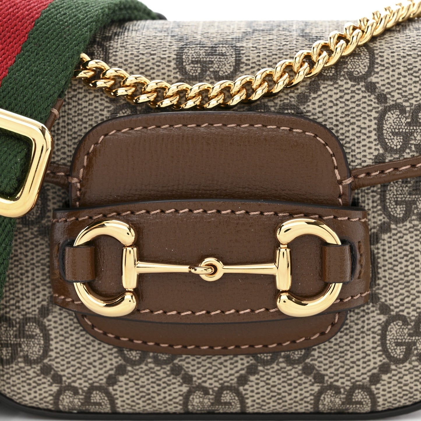 GG Supreme Monogram Azalea Calfskin Web Horsebit 1955 Wallet On Strap Beige Ebony Brown Sugar
