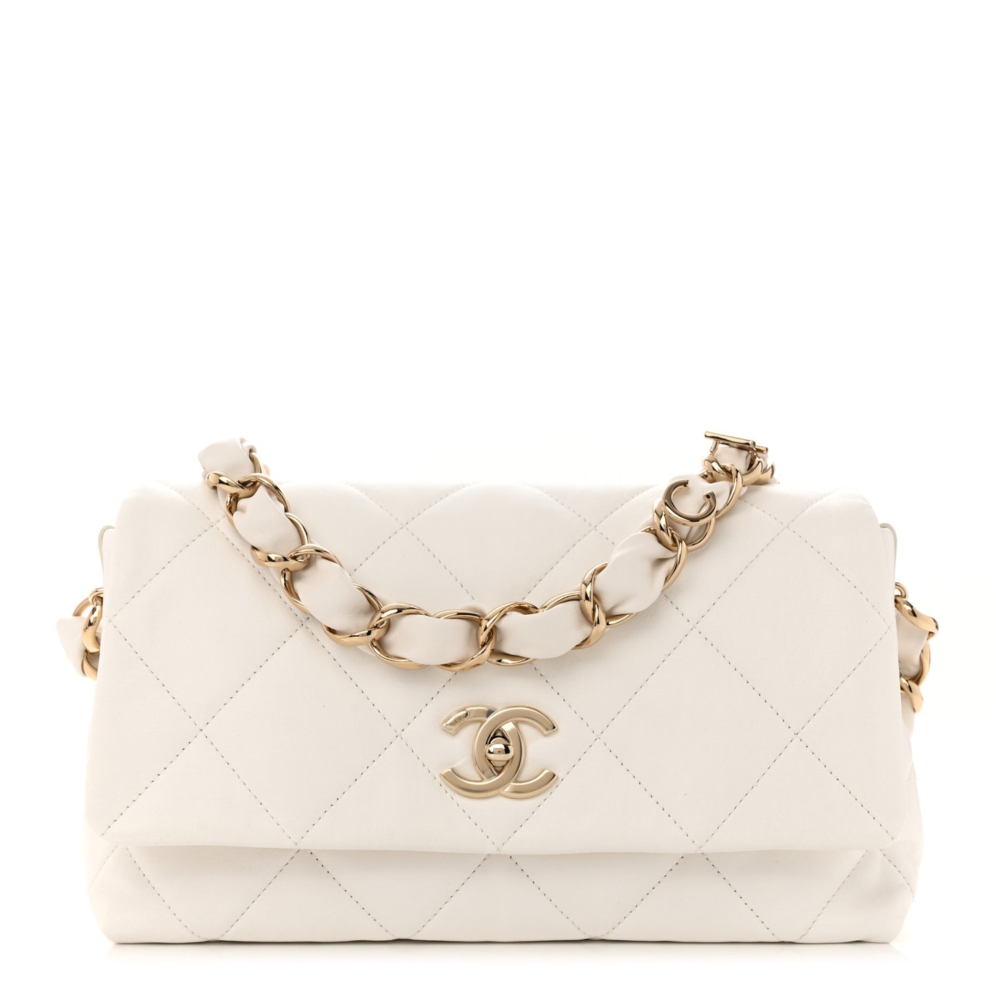 Lambskin Quilted Logo Strap Flap White