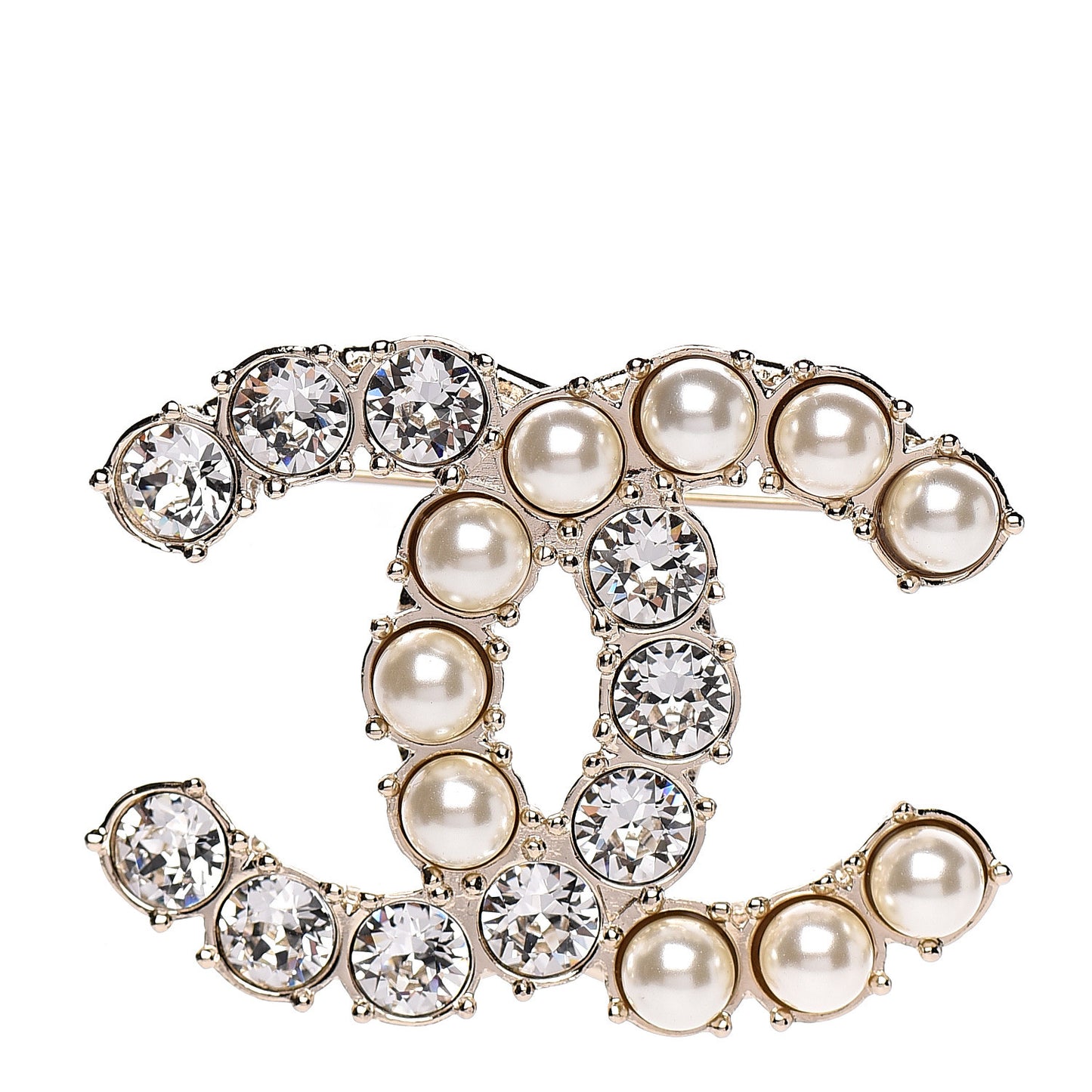 Pearl Crystal CC Brooch Gold