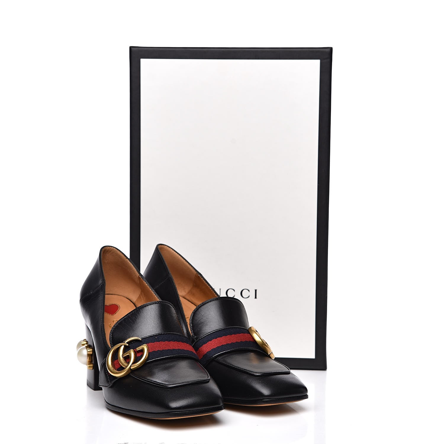 Gucci Malaga Kid Web Pearl Embellished Peyton 75mm Loafer Pumps 35.5 Black 10 of 10