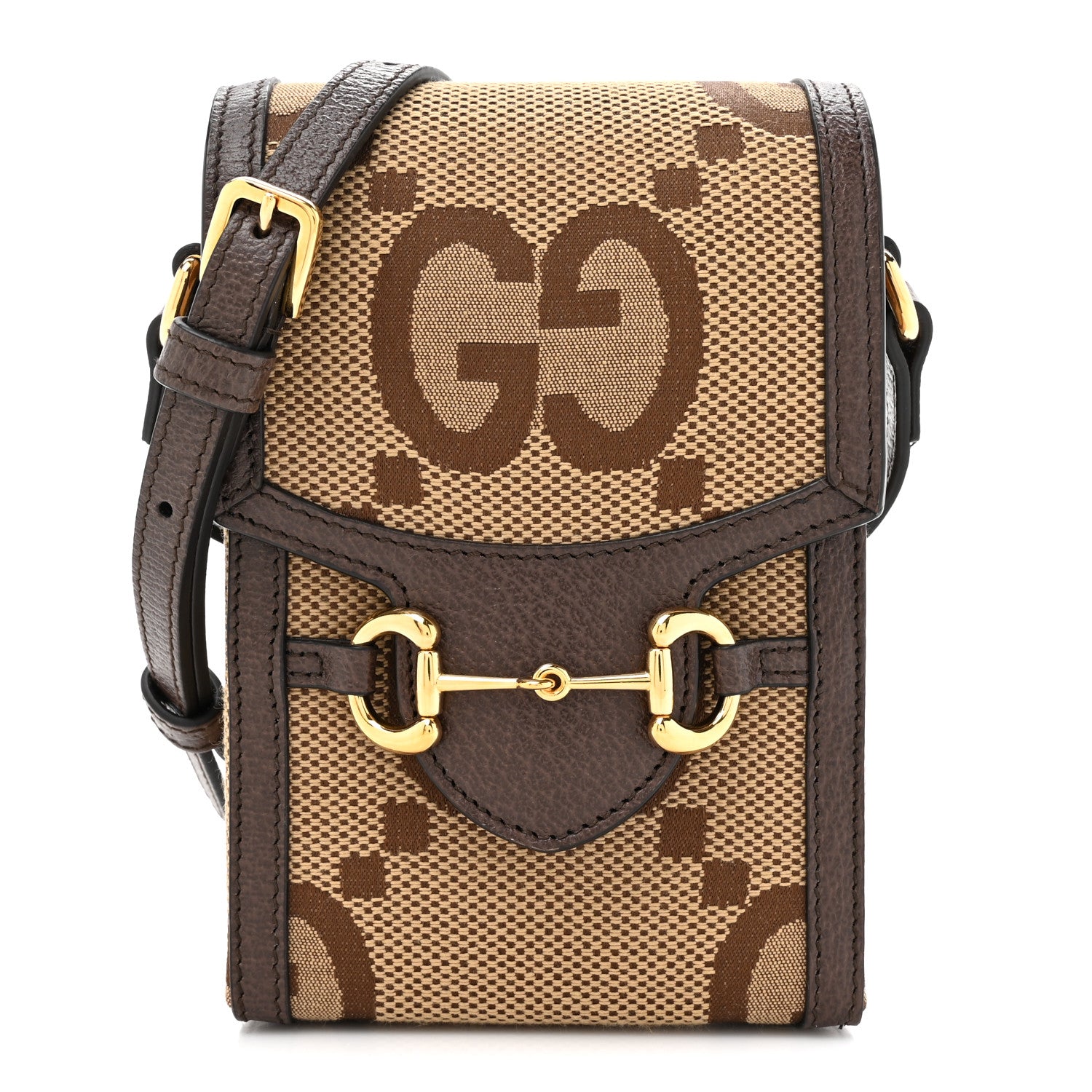 Gucci Monogram Jumbo GG Textured Dollar Calfskin Mini Horsebit 1955 Crossbody Bag Camel Ebony New Acero 1 of 11