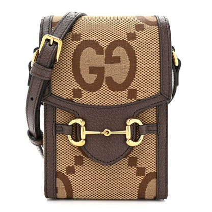 Gucci Monogram Jumbo GG Textured Dollar Calfskin Mini Horsebit 1955 Crossbody Bag Camel Ebony New Acero 1 of 11