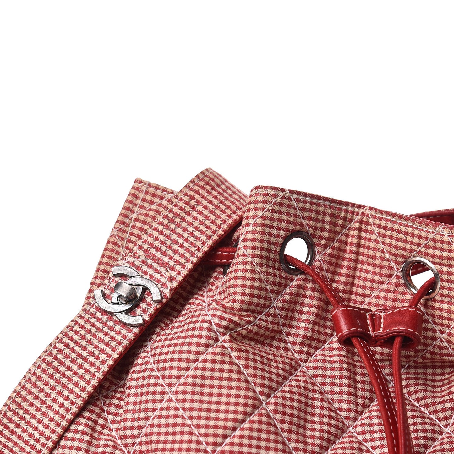 Toile Gingham Quilted Drawstring Bag Red