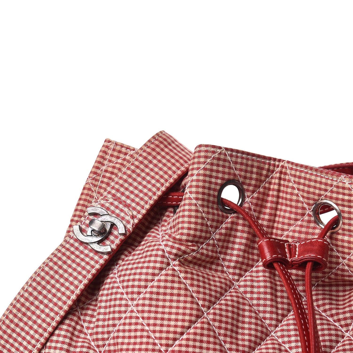 Chanel Toile Gingham Quilted Drawstring Bag Red 7 of 16