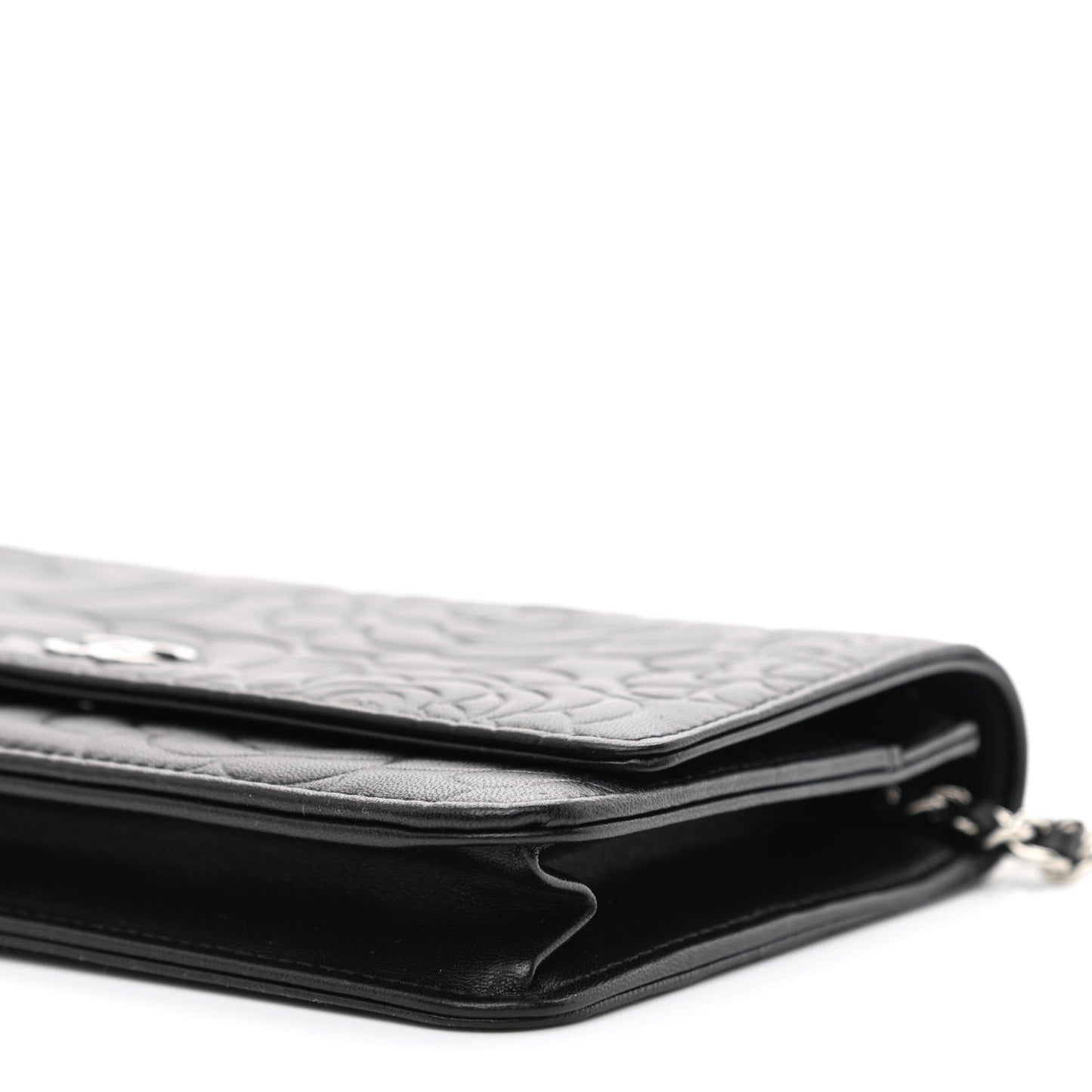 Lambskin Camellia Embossed Wallet on Chain WOC Black