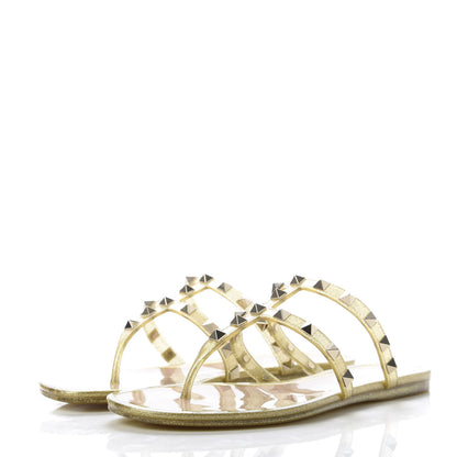 Valentino Garavani PVC Jelly Glitter Rockstud Caged Flat Thong Sandals 36 Oro 3 of 9