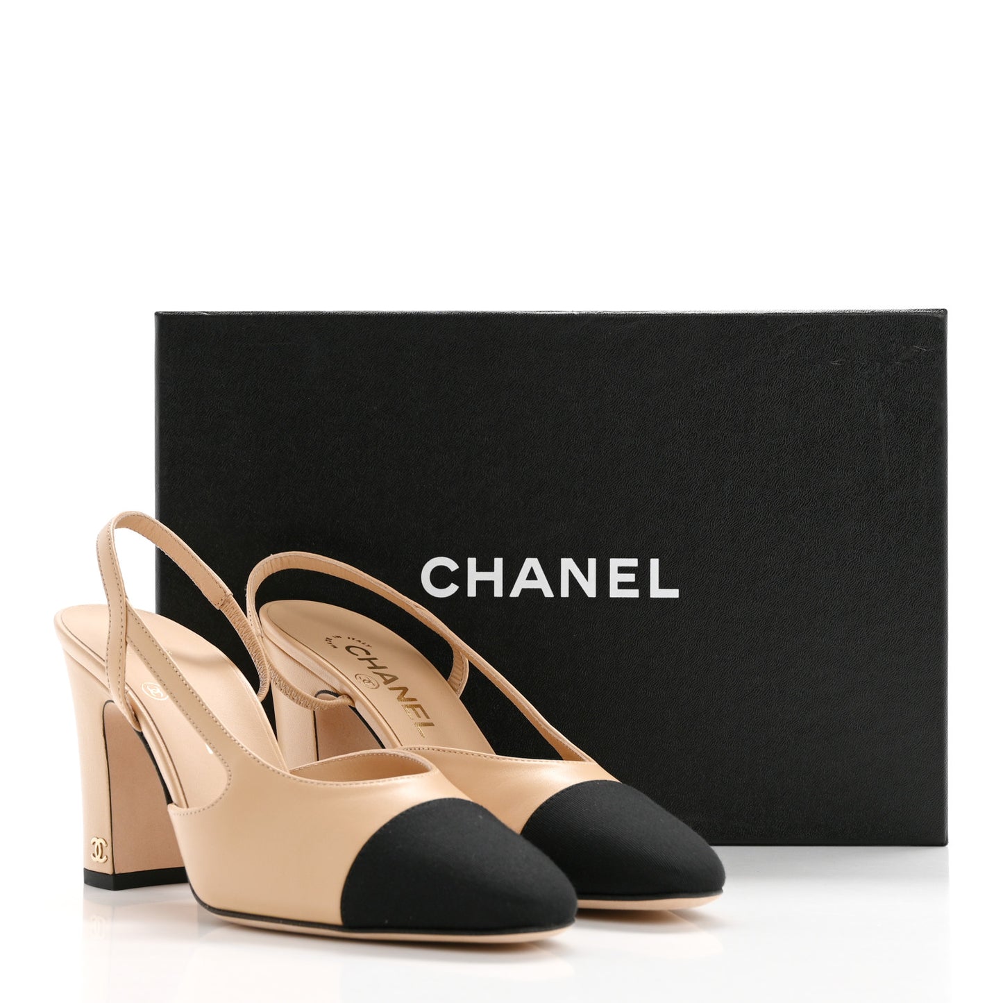 Lambskin Grosgrain Cap Toe CC Slingback Pumps 37.5 Beige Black