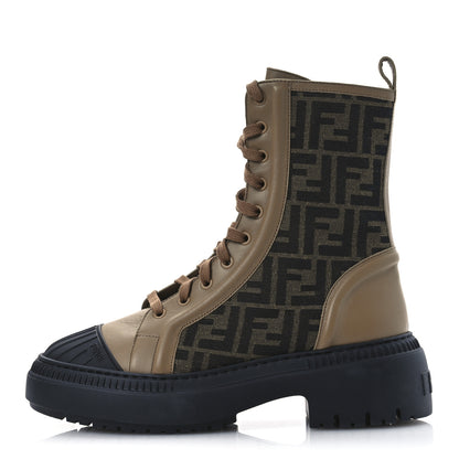 Fendi Fabric Jacquard Vitello FF Domino 50mm Biker Boots 41 Tobacco Black Sand 1 of 11