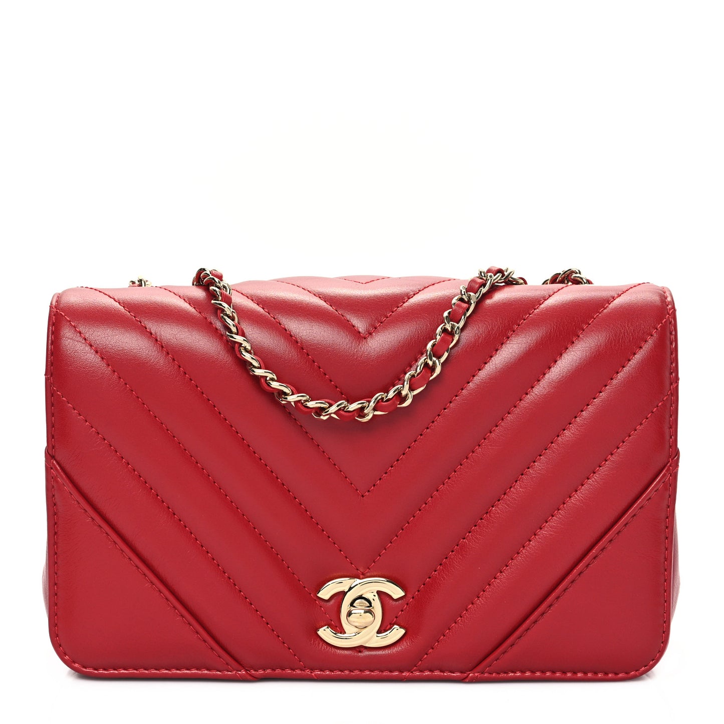 Calfskin Chevron Quilted Mini Statement Flap Red