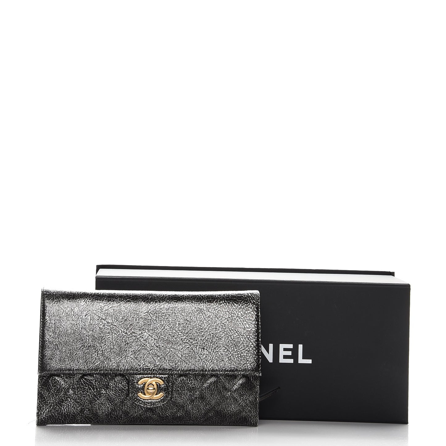 Cracked Metallic Calfskin Quilted Zip Away Chain Clutch Dark Silver