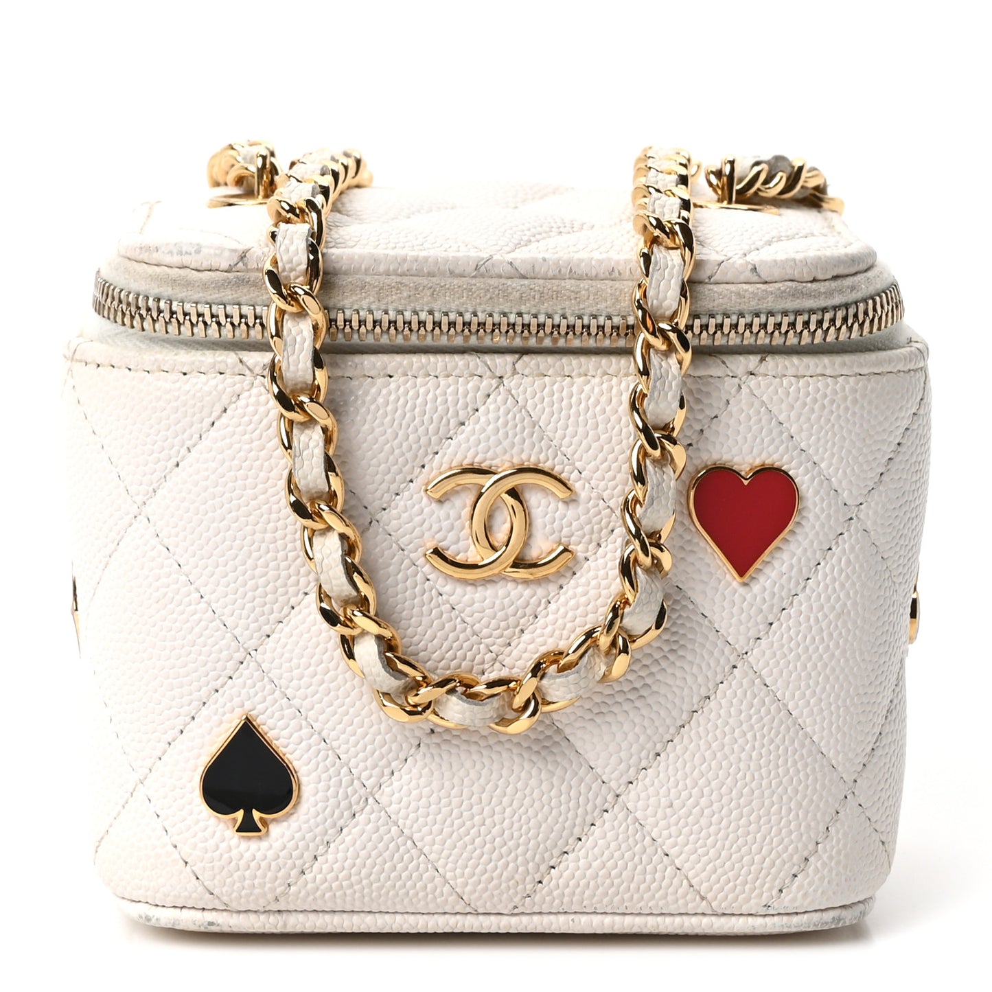Caviar Quilted Enamel Coco Casino Mini Vanity Case With Chain White