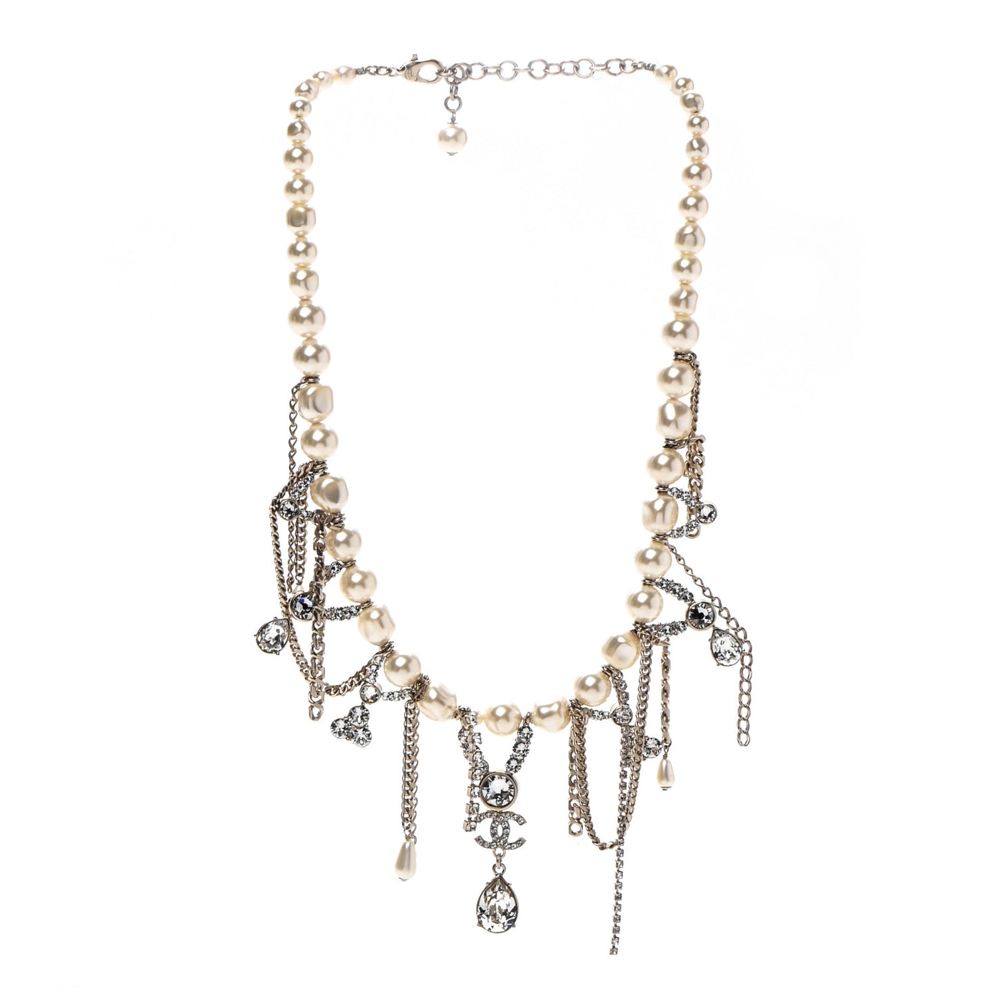 Pearl Crystal CC Dangle Short Necklace Gold