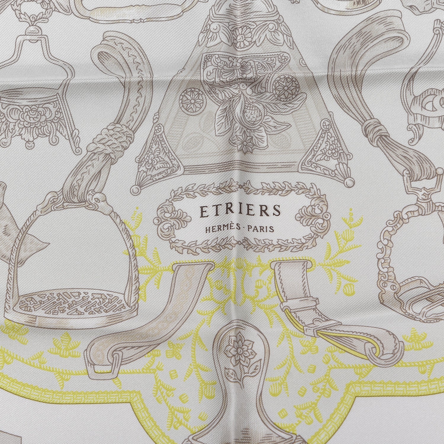 Hermes Silk Etriers Pocket Square Ivory Gris Perle Blanc 3 of 5