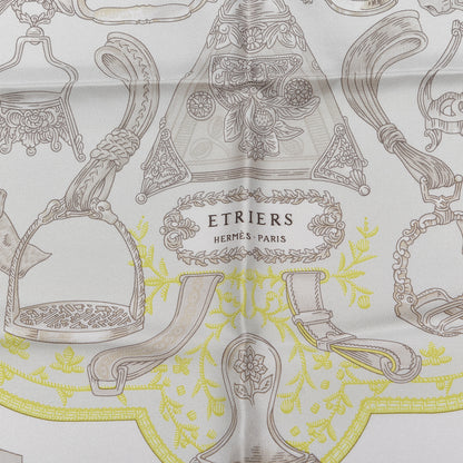 Hermes Silk Etriers Pocket Square Ivory Gris Perle Blanc 3 of 5
