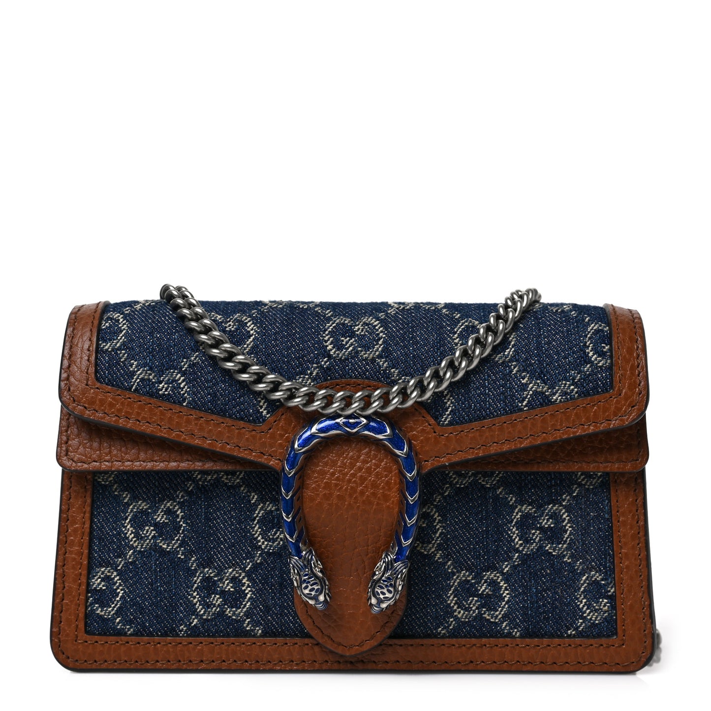 New Denim GG Monogram Dollar Calfskin Enamel Super Mini Dionysus Shoulder Bag Blue Tea Cuir Epilog Electric Blue