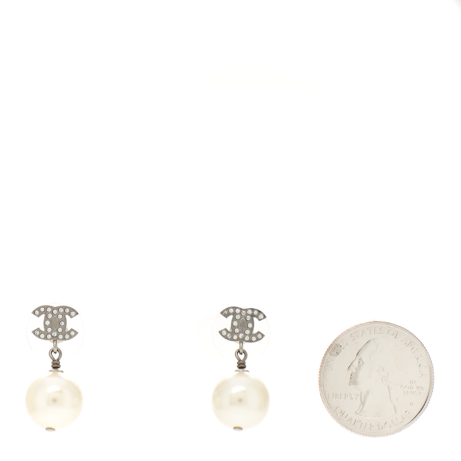 Chanel Crystal Pearl CC Drop Earrings Silver Pearly White 2 of 4