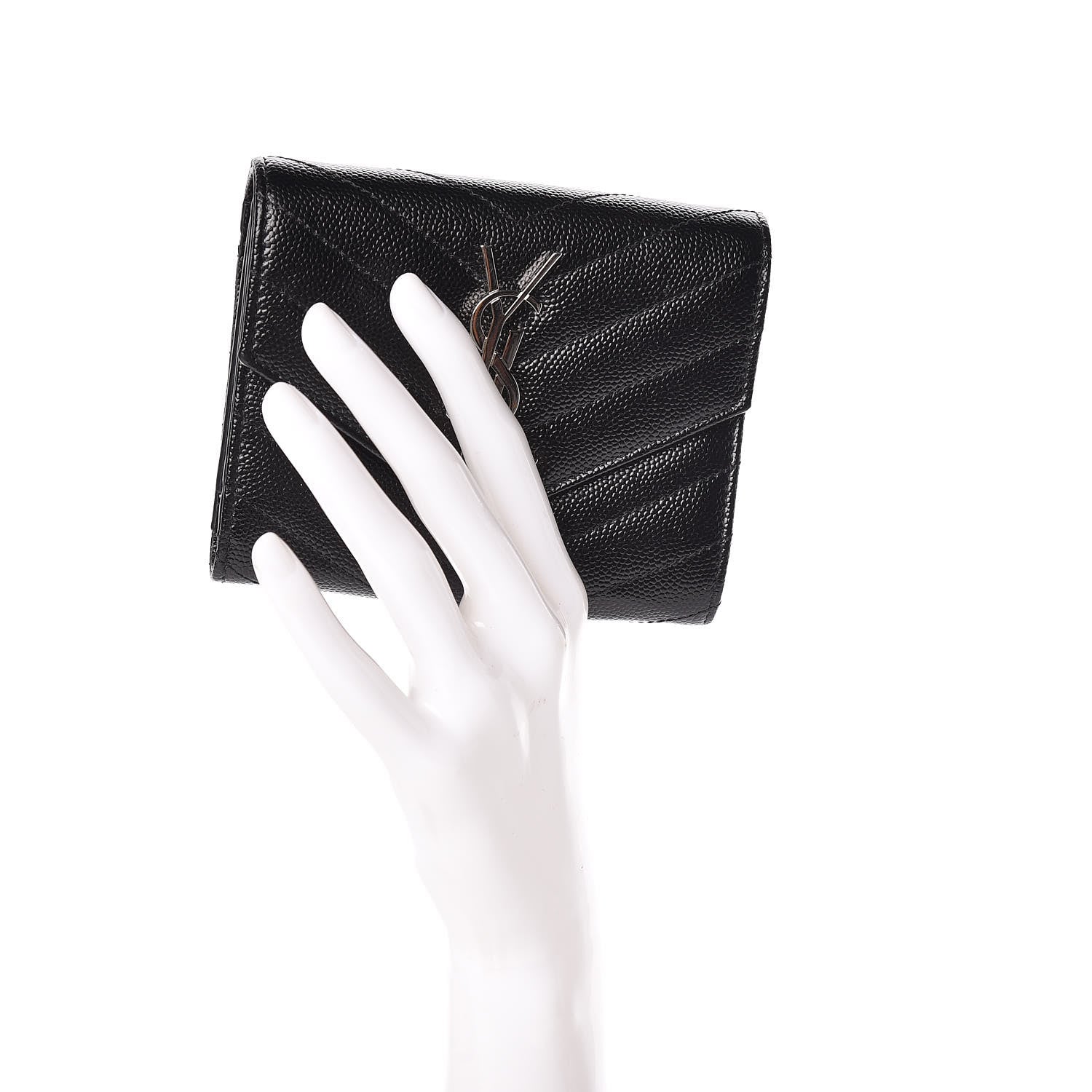 Saint Laurent Grain De Poudre Matelasse Chevron Monogram Compact Tri Fold Wallet Black 2 of 8