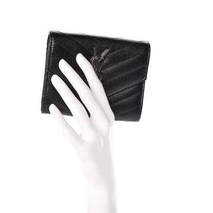 Saint Laurent Grain De Poudre Matelasse Chevron Monogram Compact Tri Fold Wallet Black 2 of 8