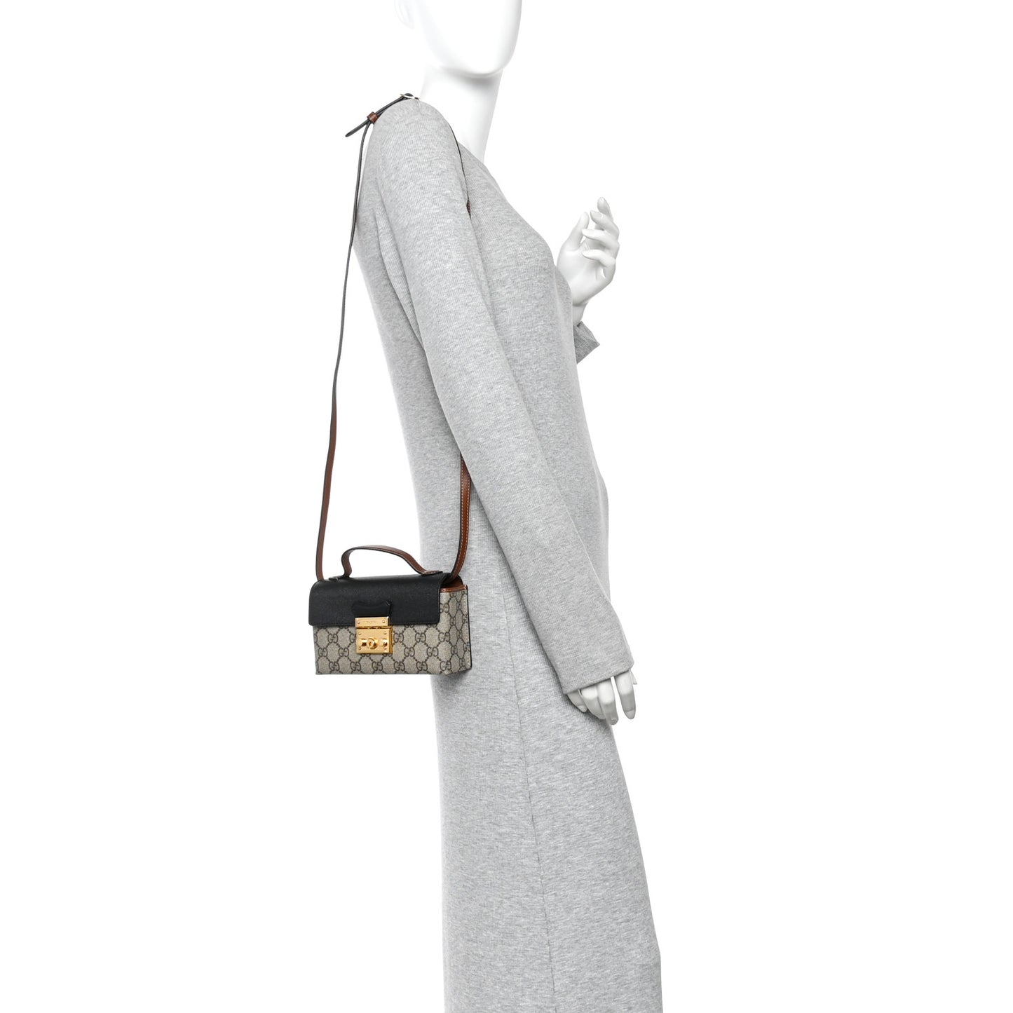 GG Supreme Monogram Calfskin Mini Padlock Top Handle Shoulder Bag Beige Black Cuir