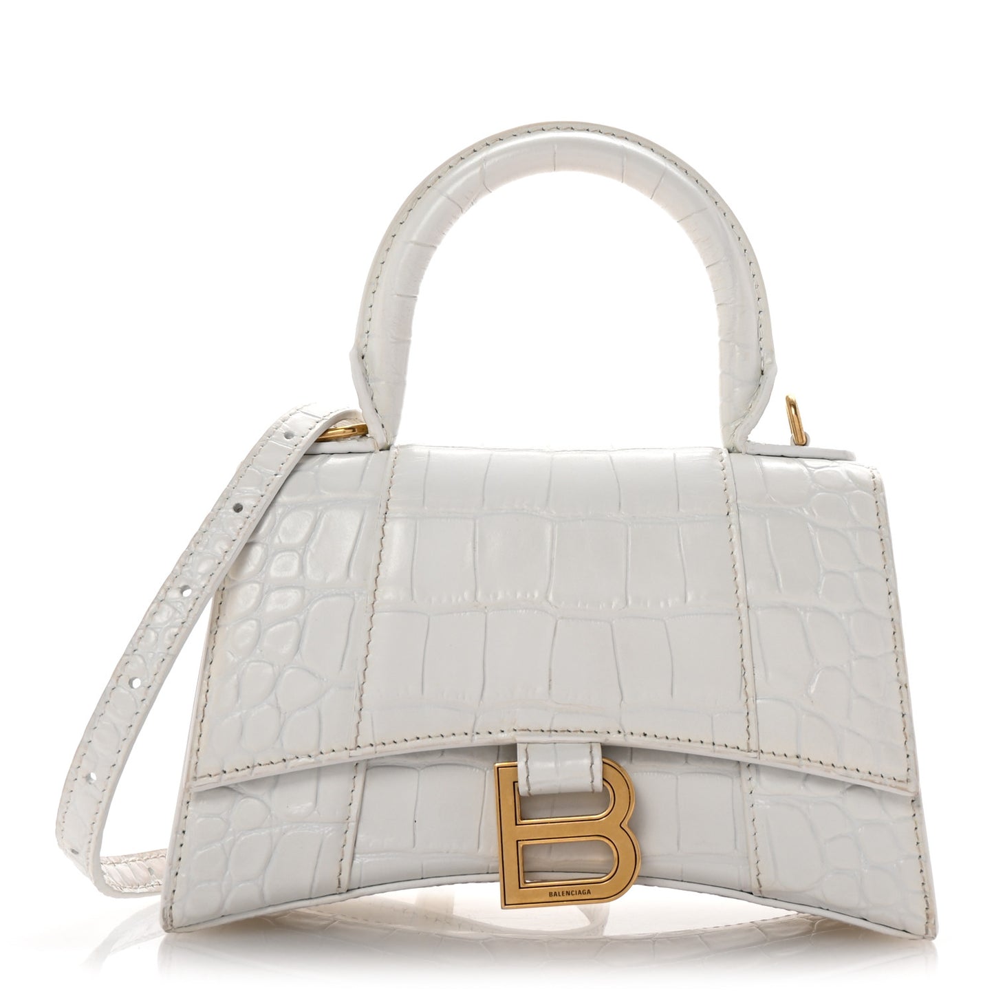 Shiny Calfskin Crocodile Embossed Hourglass Top Handle Bag XS White