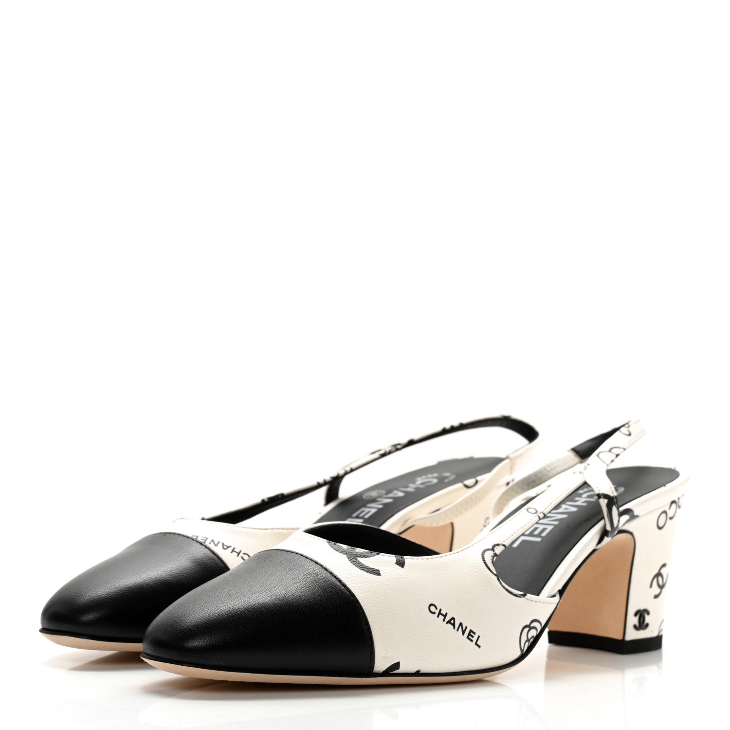 Chanel Printed Lambskin Cap Toe CC Slingback Pumps 39.5 Black White 3 of 14