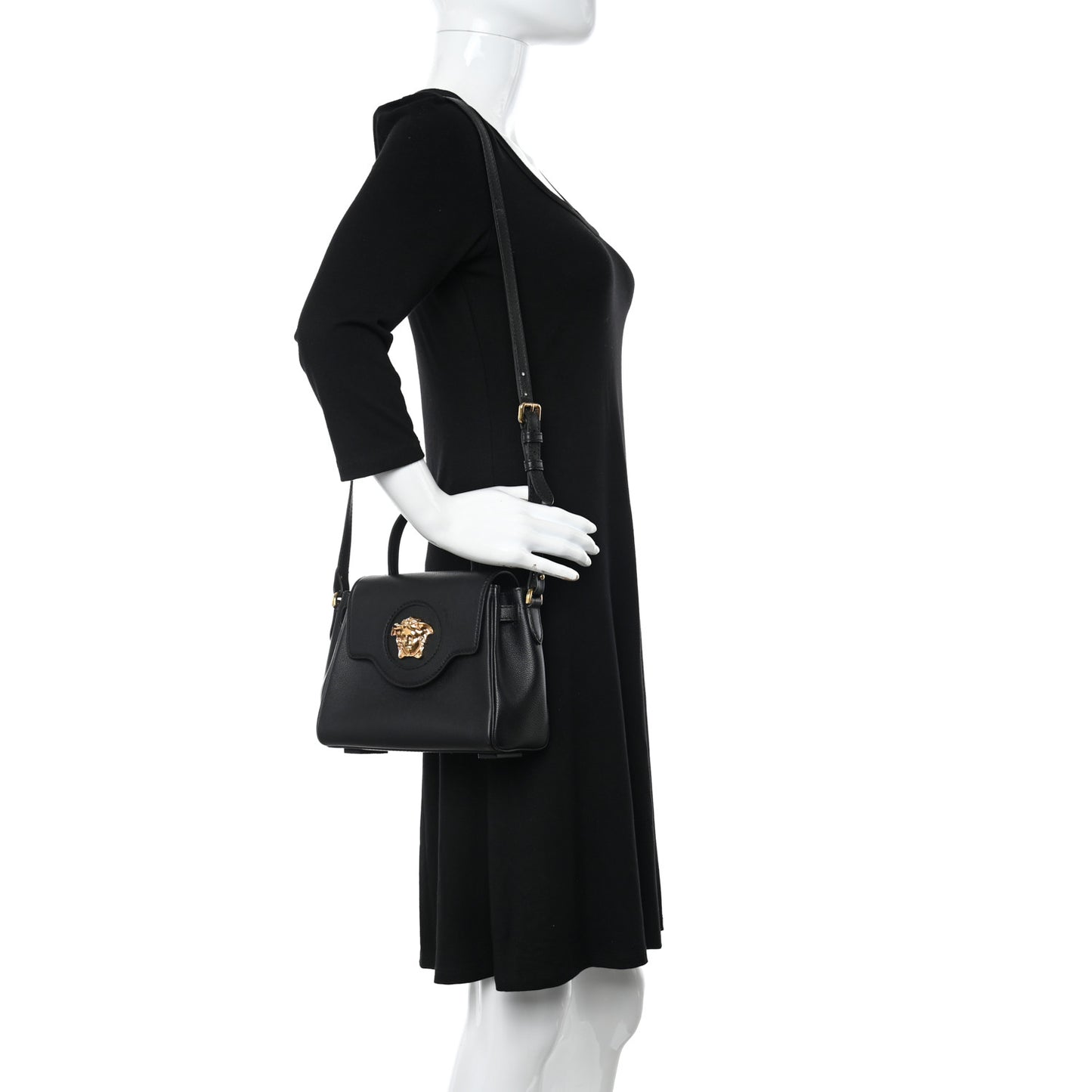 Grained Calfskin Small La Medusa Top Handle Bag Black