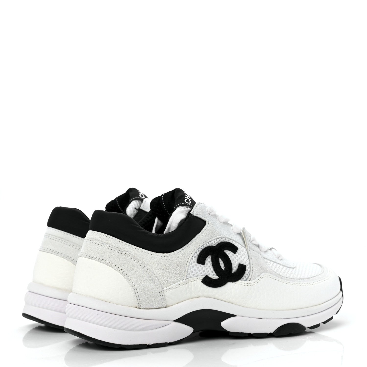 Chanel Mesh Suede Calfskin Grained Calfskin Womens CC Sneakers 37 White Black 4 of 9