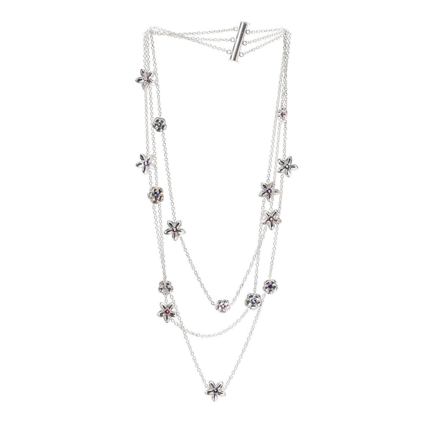Sterling Silver Amethyst Iolite Pink Tourmaline Multi Chain Flower Necklace