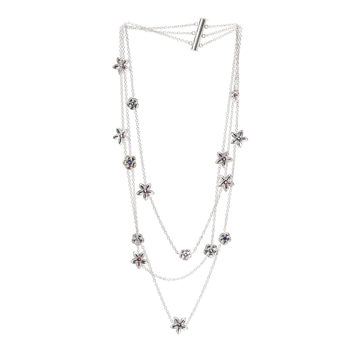 Tiffany Sterling Silver Amethyst Iolite Pink Tourmaline Multi Chain Flower Necklace 3 of 5