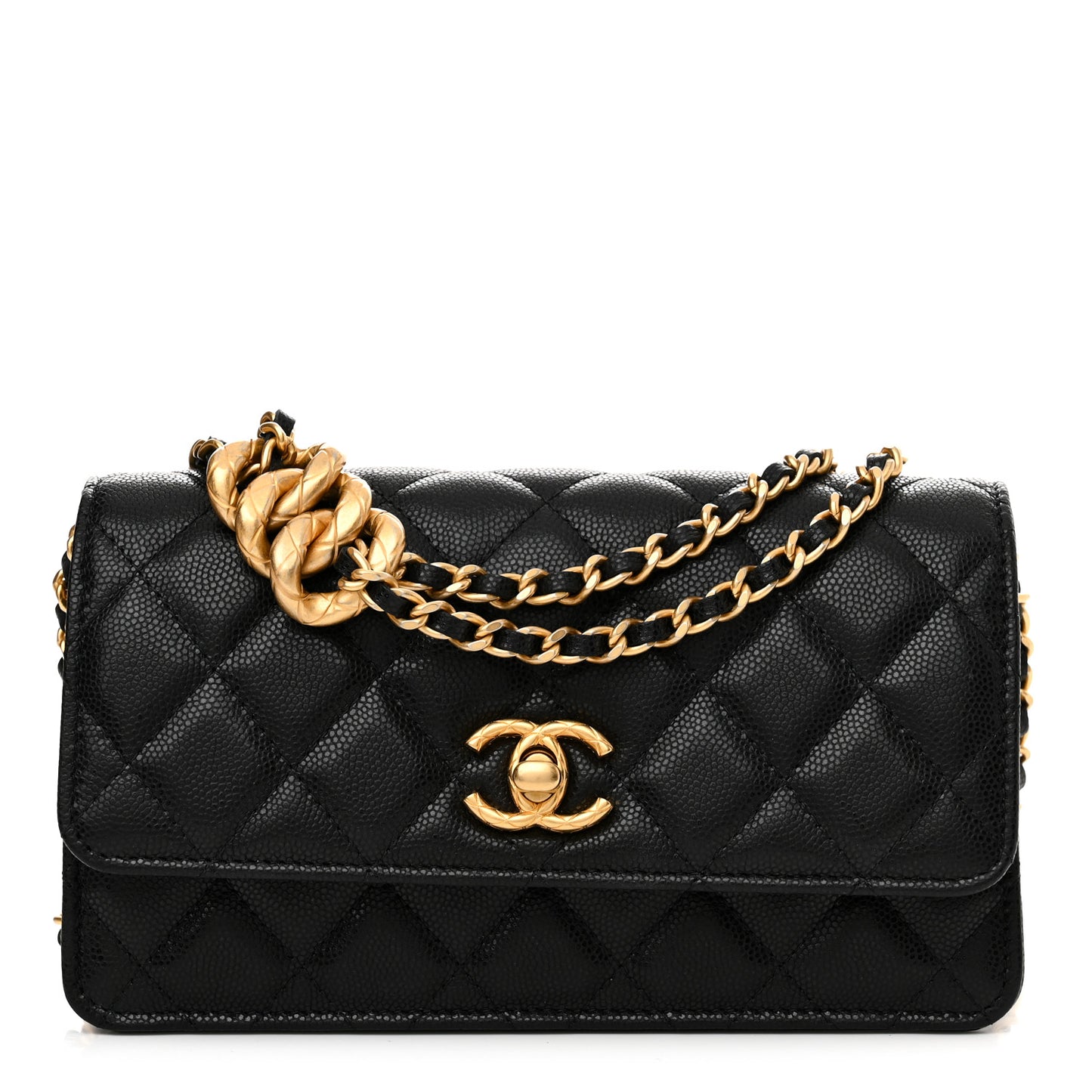 Caviar Quilted Chain Link Clutch With Chain Black
