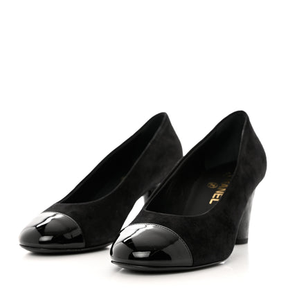 Chanel Kid Suede Patent Calfskin Cap Toe CC Pumps 38 Black 4 of 10