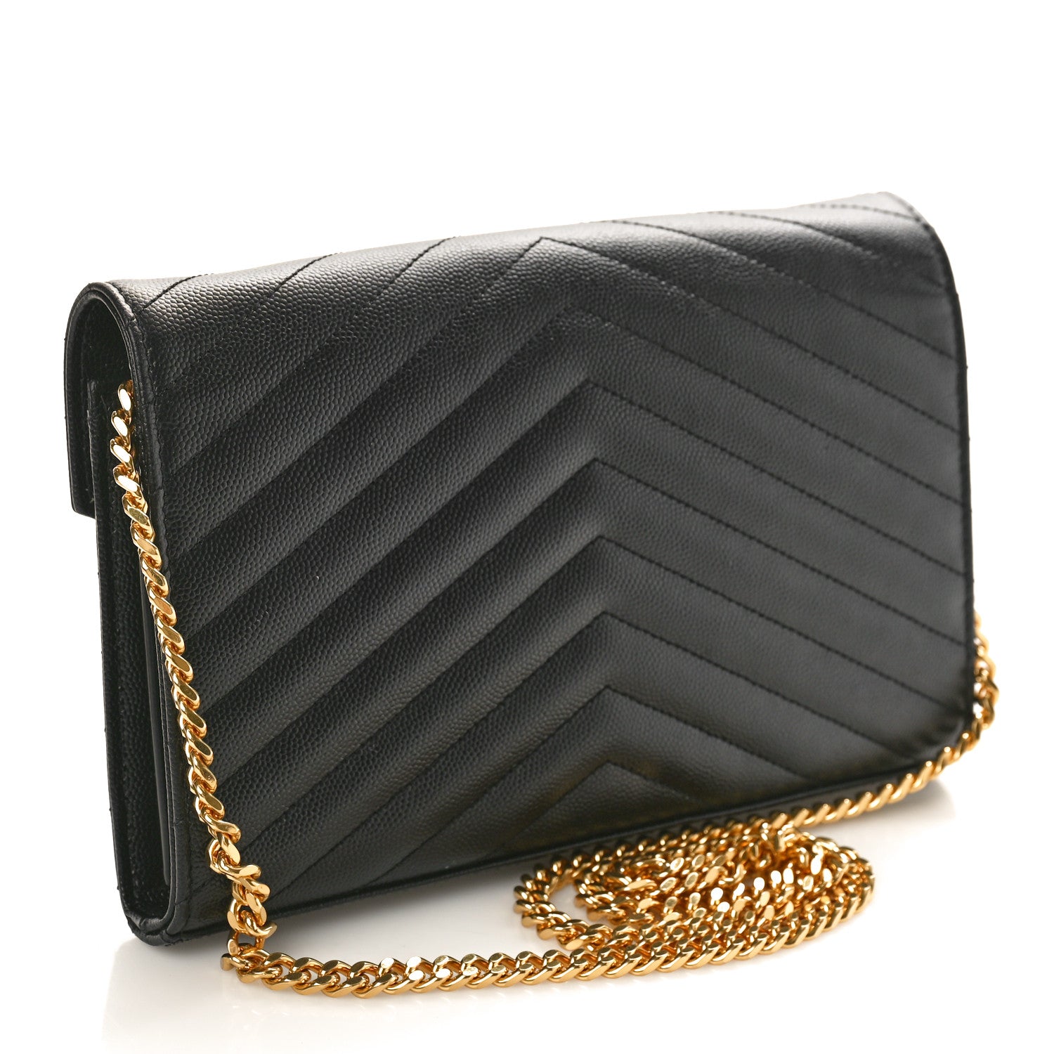 Saint Laurent Grain De Poudre Matelasse Chevron Monogram Chain Wallet Black 2 of 10
