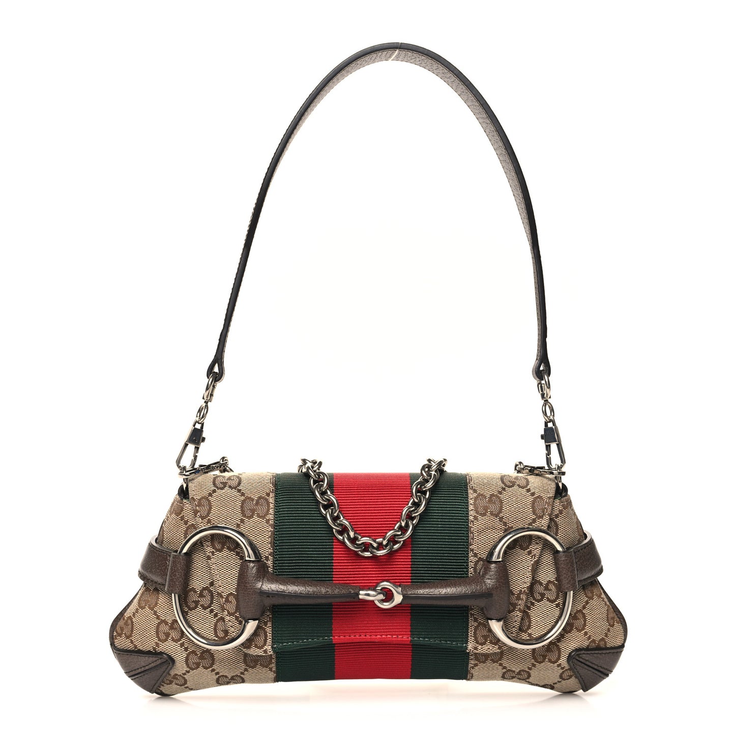Monogram Textured Dollar Calfskin Heavy Grosgrain Web Small Maxi Horsebit Chain Shoulder Bag Beige Ebony New Acero