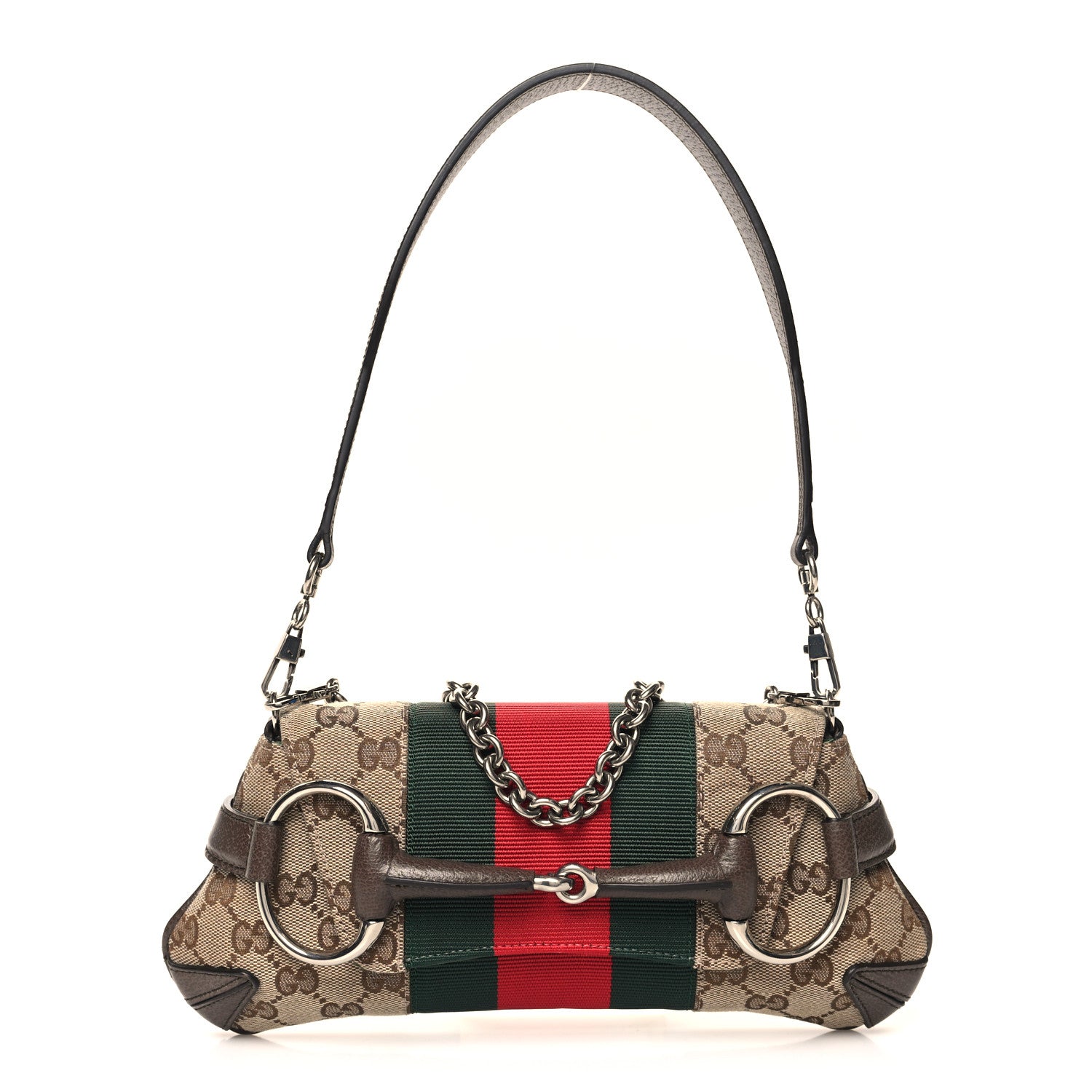 Gucci Monogram Textured Dollar Calfskin Heavy Grosgrain Web Small Maxi Horsebit Chain Shoulder Bag Beige Ebony New Acero 1 of 11
