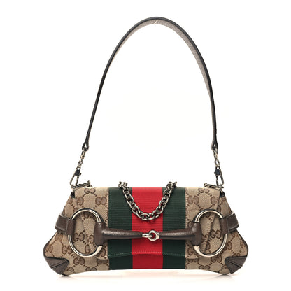 Gucci Monogram Textured Dollar Calfskin Heavy Grosgrain Web Small Maxi Horsebit Chain Shoulder Bag Beige Ebony New Acero 1 of 11