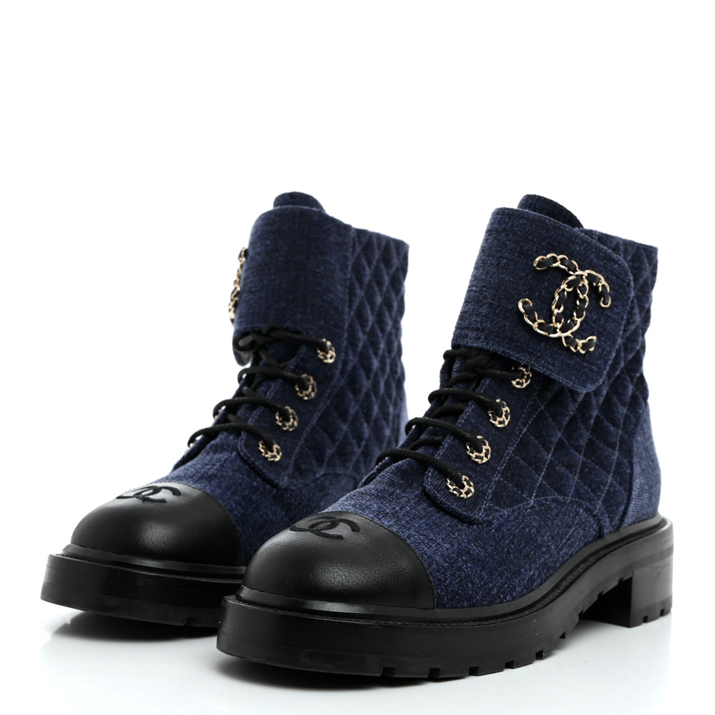 Shiny Calfskin Velvet Quilted Lace Up Combat Boots 41 Blue Black