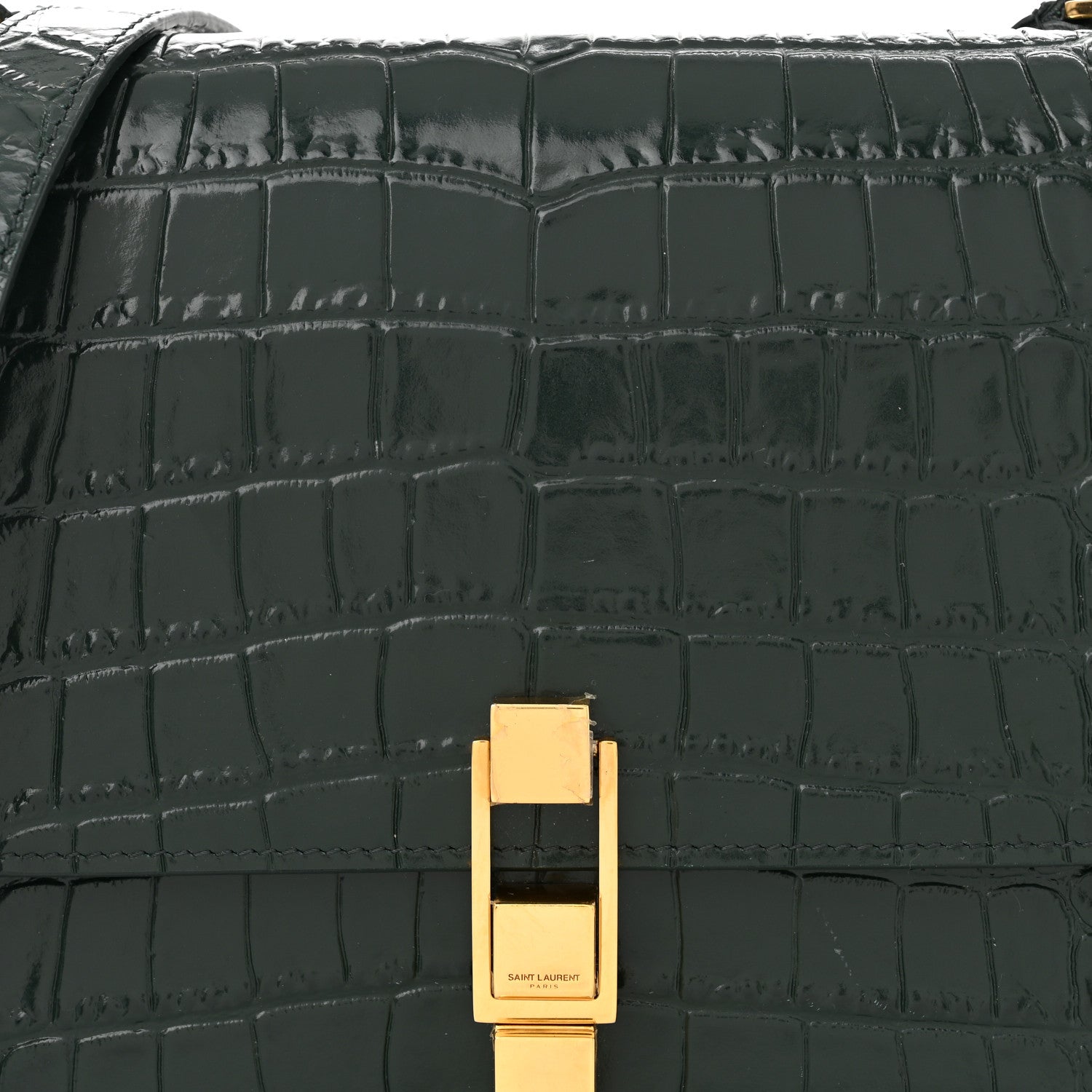Saint Laurent Calfskin Crocodile Embossed Carre Satchel Dark Mint 8 of 10