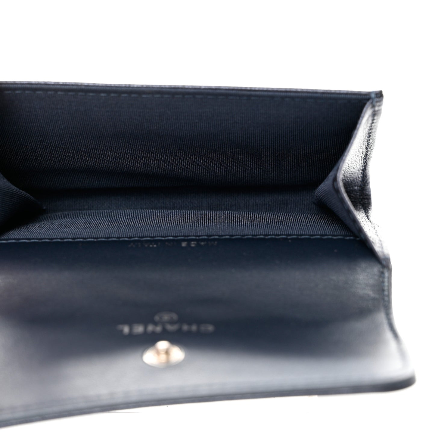 Goatskin Camellia Embossed Flap Card Holder Wallet Dark Blue