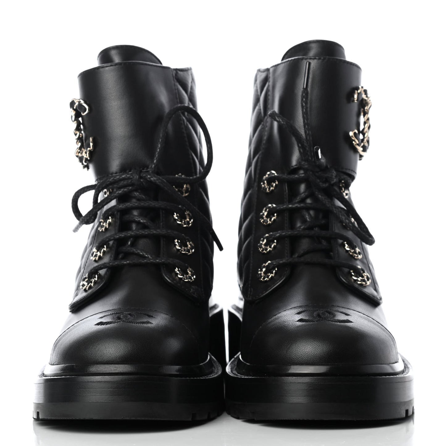 Shiny Lambskin Quilted Lace Up Combat Boots 38 Black