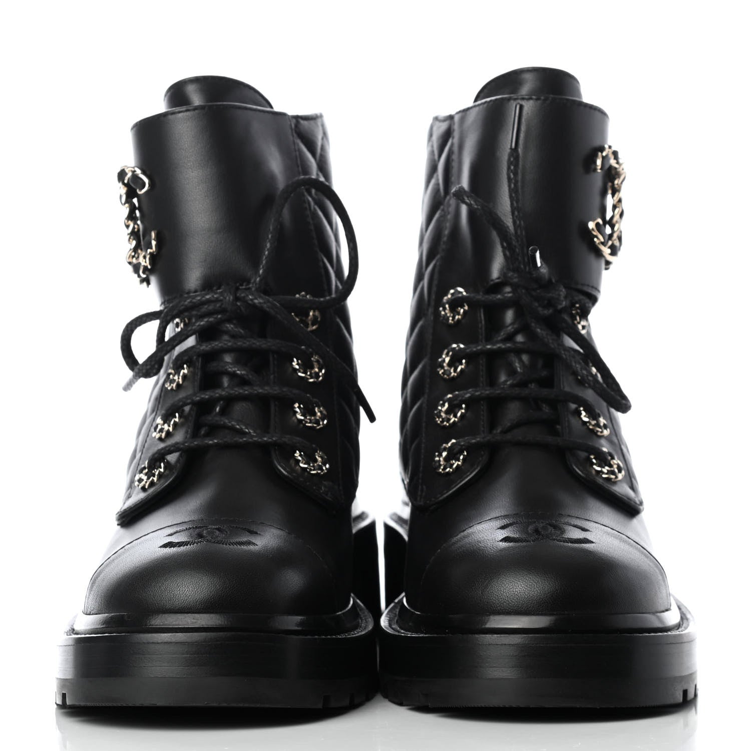 Chanel Shiny Lambskin Quilted Lace Up Combat Boots 38 Black 2 of 11